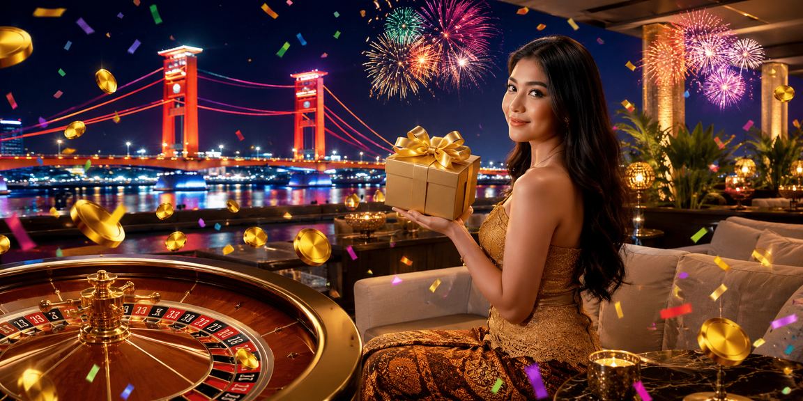 Meja roulette mewah di festival kasino dengan suasana meriah dan penuh warna